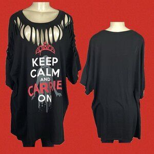 Carrie +5 Black Slashed Neckline Keep Calm & Carrie On Graphic Short Sleeve Tee